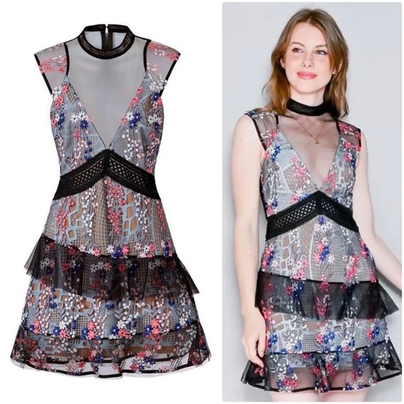 Self-Portrait Dresses & Skirts - Pristine SELF-PORTRAIT Dress with Lace Overlay + Mesh + Floral Embroidery